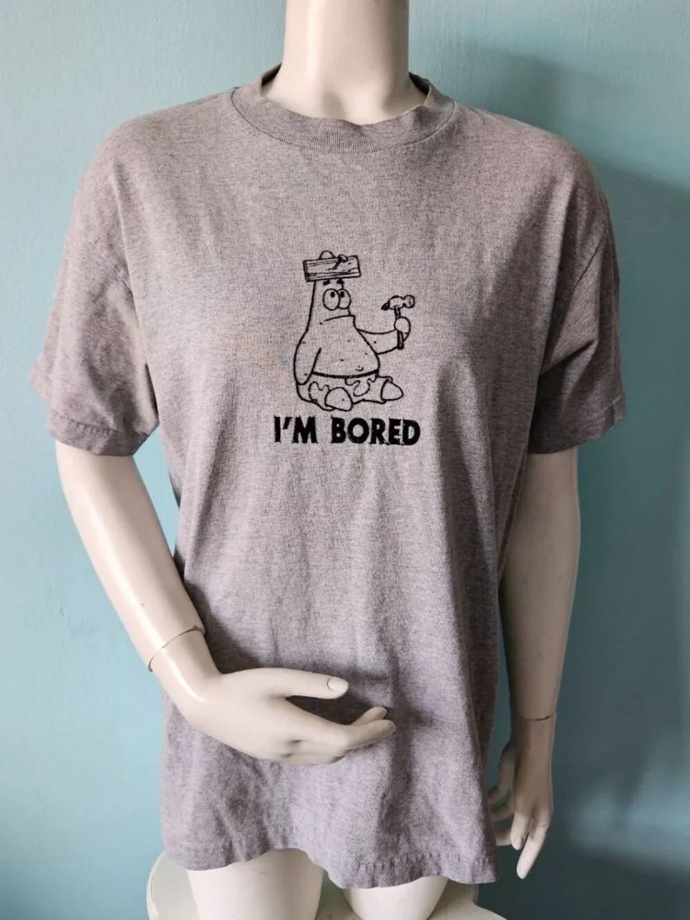 Vintage 2003 SPONGEBOB Patrick I'm Bored flocked Tee T-shirt NICKELODEON Y2K